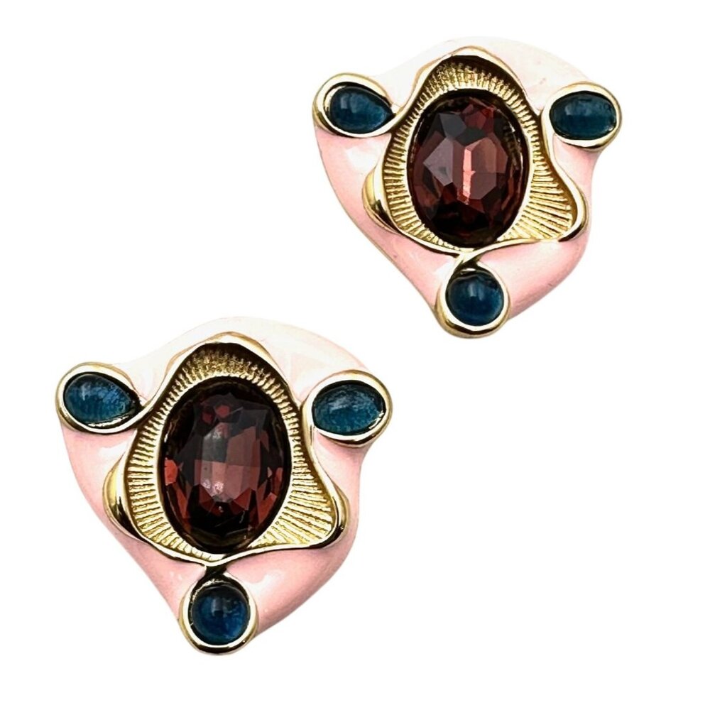 Pink Enamel Purple Blue Rhinestone Earrings Pierced Gold Tone Heavy Quality New